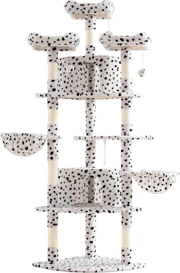 SHA CERLIN 73in Fan-Shaped Corner Cat Tower for Save Space/Multi-Level Tall Tree for Indoor Kitties/Condo with Baskets/Cozy Perches/Sisal Scratching Posts/Pet Activity House/White & Black Spot-Mewly Pet