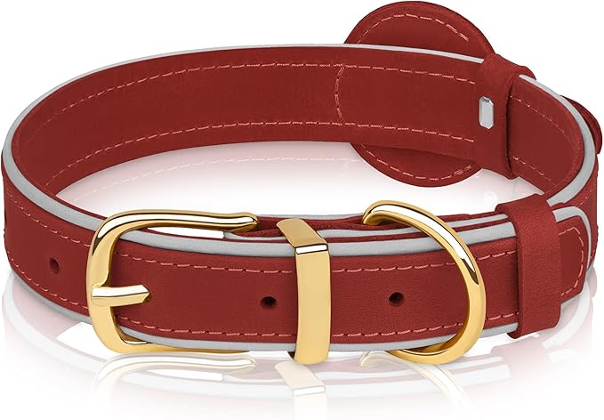 OOPSDOGGY Reflective Geniune Leather Airtag Dog Collar Soft Padded Collars for Small Medium Large Breed Dogs Puppy, 4 Sizes, 7 Colors (Red, Small, 9"-12")-Mewly Pet