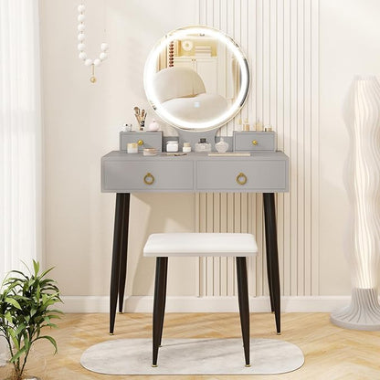 CHARMAID Vanity Desk with Mirror and Lights, Makeup Vanity with 4 Storage Drawers, 3 Lighting Modes, Adjustable Brightness, Modern Vanity Dressing Table with Stool for Bedroom, Gray & Black
