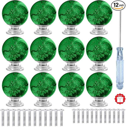 12 Pcs 30mm Round Shape Bubble Crystal Glass Cabinet Knobs with Screws Drawer Knob Pull Handle Used for Kitchen, Dresser, Door, Cupboard (Dark Green)