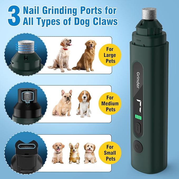 Dog Nail Grinder, 7-Speed Quiet Electric Dog Nail Trimmers, Dog Nail Clippers with Sponge Dust Collection & File for Small Medium Large Dogs, Rechargeable Pet Paw Grooming Supplies Ki(Green)-Mewly Pet