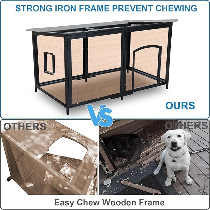 Extra Large Dog House Outdoor Weatherproof 59.1" Outside Wooden Dog Kennel, Chewproof Strong Iron Frame Window-Mewly Pet
