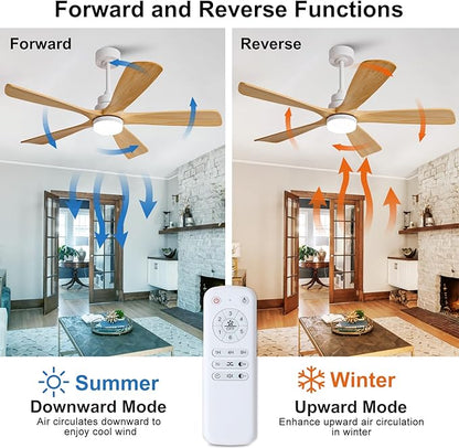52 Inch Outdoor Ceiling Fans with Lights and Remote Control, Dimmable 5 Blade Wood Outdoor Ceiling Fans for Patios, White Natural Wood Bedroom Ceiling Fan with Lights, Noiseless DC Motor