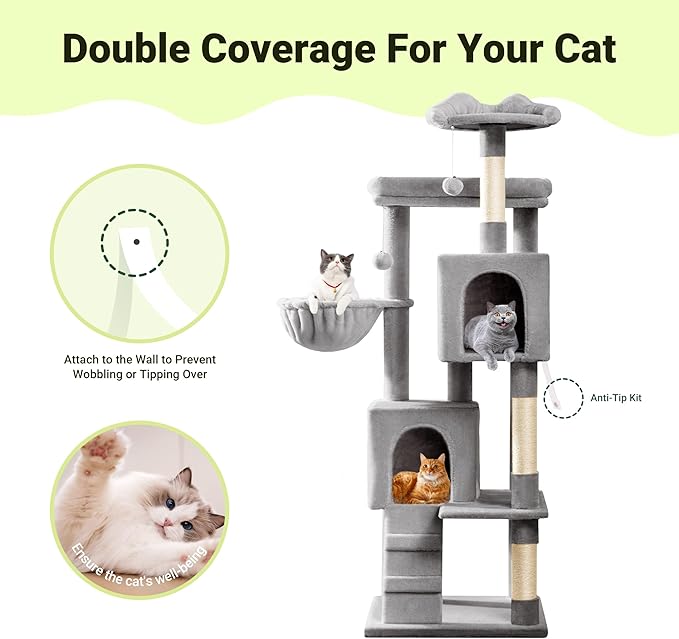 Allewie 64 Inches Cat Tree Tower/Multi-Level Activity Center for Indoor Big Felines/2 Plush Condos/2 Perchs/Basket/House/Sisal Scratching Posts/Hanging Cat Toys/Grey-Mewly Pet