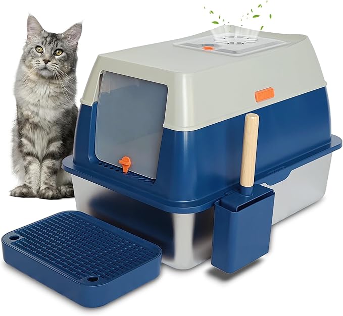 XL Stainless Steel Enclosed Litter Box with Covered for Indoor Cats, High Sides, Eliminates Odors, Easy Clean, Blue, FOXORU-Mewly Pet