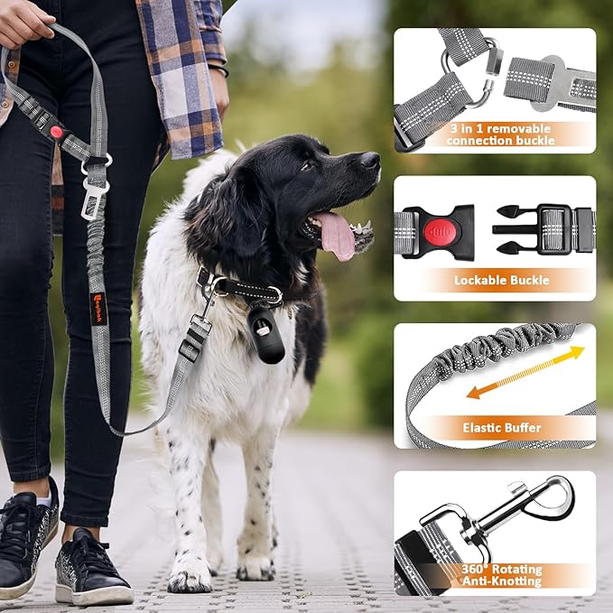 Removable Dog Seat Belt Harness for Car, 3 in 1 Pet Dog Car Seatbelt Leash, Retractable Restraint Secures to Vehicle Headrest & Adjustable Reflective Bungee Dog Seatbelt Tether, Grey-Mewly Pet