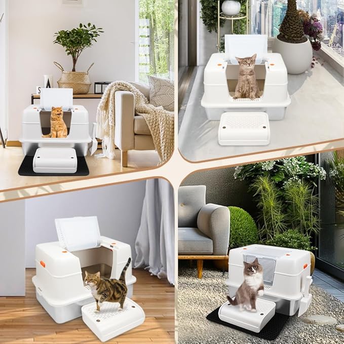 Vivifying Stainless Steel Litter Box with Lid, XL Side Entry Extra Large Litter Box for Big Cats & Kitty, Removable Enclosed Metal Cat Pan with High Sided Enclosure, Scoop, Mat, Footboard (Beige)-Mewly Pet