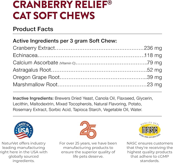 NaturVet Cranberry Relief Plus Echinacea for Cats, 60 ct Soft Chews, Made in The USA with Globally Source Ingredients-Mewly Pet