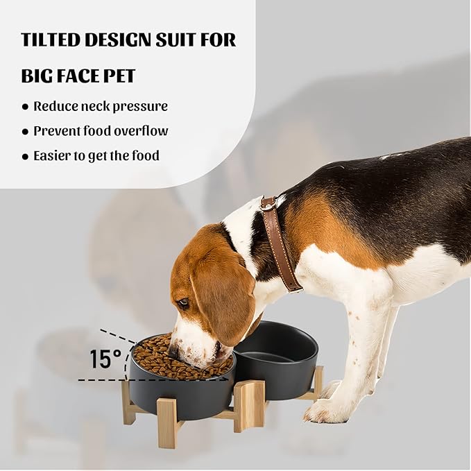 SPUNKYJUNKY 15° Slanted Ceramic Dog and Cat Bowl with Wooden Stand, Tilted Bulldog Food and Water Bowl No Slip Non-Spill for Cats Medium Dogs Big Face Pets 28.7 OZ (3.6 Cups, Black × 2)-Mewly Pet
