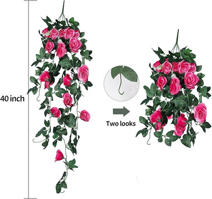 RECUTMS 4 Pack Artificial Plants Fake Hanging Flowers Faux Ivy Vines with LED Fairy Lights Plastic Outdoor UV Resistant for Home Window Garden Office Patio (Rose red)