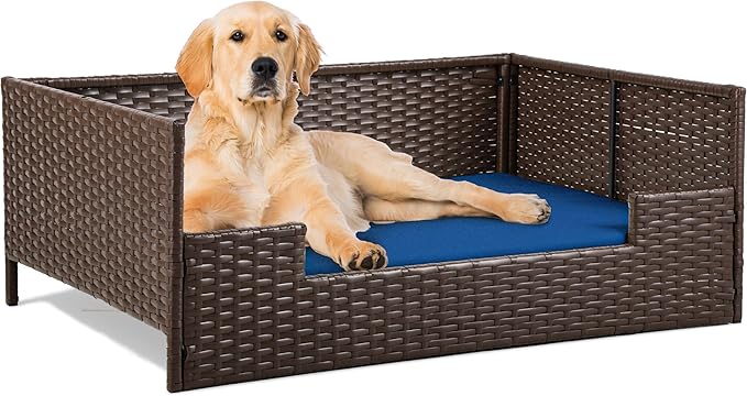 YITAHOME Rattan Dog Sofa Bed with Cushion, Wicker Pet Bed Sofa Couch Indoor Outdoor Waterproof for Large Medium Small Dogs Cats (38.6''L*26.4''W*15''H,Blue)-Mewly Pet