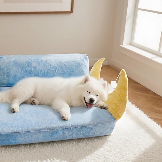 Cat Couch with Soft Pillow, Supportive Dog Couch, Cat Sofa with Removable Cover，Cute Moon Shaped, 24 Inch-Mewly Pet