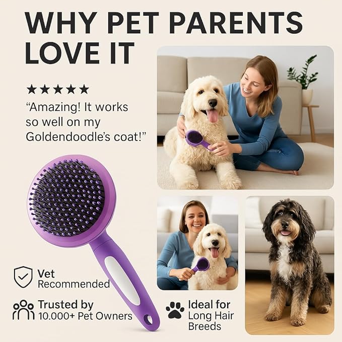Round Bristle Pet Brush for Dogs and Cats - Soft Dog Brush for Grooming Short or Long Hair - Gentle Tool for Sensitive Skin Removes Dander, Dirt, and Detangles (Purple)-Mewly Pet