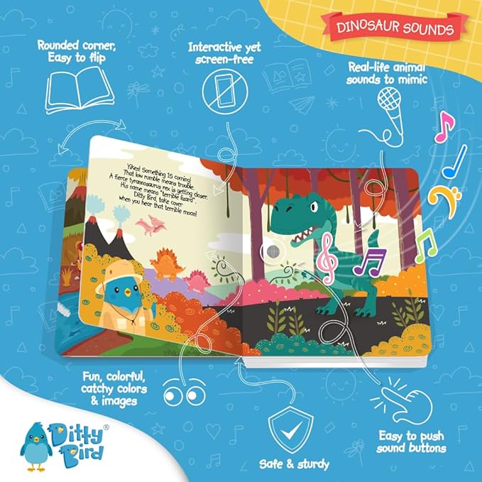 Ditty Bird Dinosaur Book for Toddlers | Realistic Dino Sound Book | Interactive T-Rex Board Books for Toddlers 1-3 | Sensory, Musical Books for Dino Lovers | Sturdy Nursery Rhyme Toys for Baby-Mewly Pet