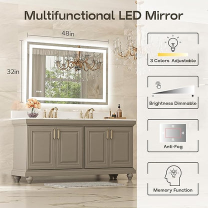 USHOWER LED Bathroom Mirror 48x32 Inch with Lights - Frameless Tempered Glass LED Backlit Lighted Mirror for Bathroom Vanity with Anti-Fog, 3 Colors Dimmable, Memory Function, Wall-Mounted