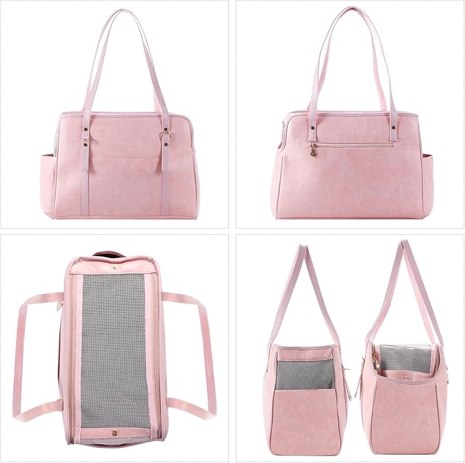 Dog Carrier Purse, Fashion Leather Pet Carrier with Pockets, Airline Approved Soft Sided Dog Carrying Bag for Puppy Cat Dog Pink-Mewly Pet