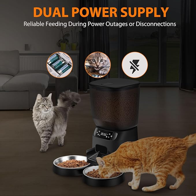 Automatic Cat Feeders for Two Cats, 5L/20 Cups Double Automatic Cat Food Dispenser with 2 Stainless Bowls, Timer Setting 20 Portions 6 Meals Per Day, 10s Meal Call, Pet Feeder for Dog (Black)-Mewly Pet