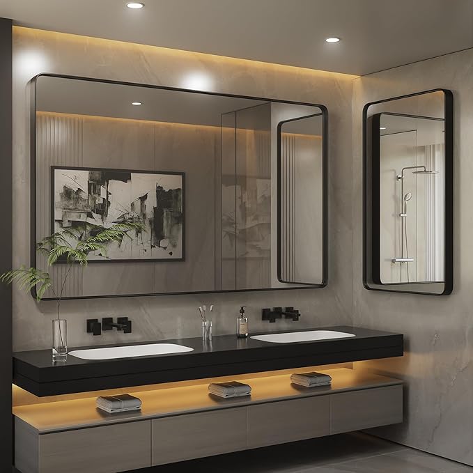 ISKM Black Bathroom Mirror for Wall 40" x 38" Matte Black Framed Vanity Mirror, Shatter-Proof, Tempered Glass, Rounded Rectangle Mirror(Horizontal/Vertical)