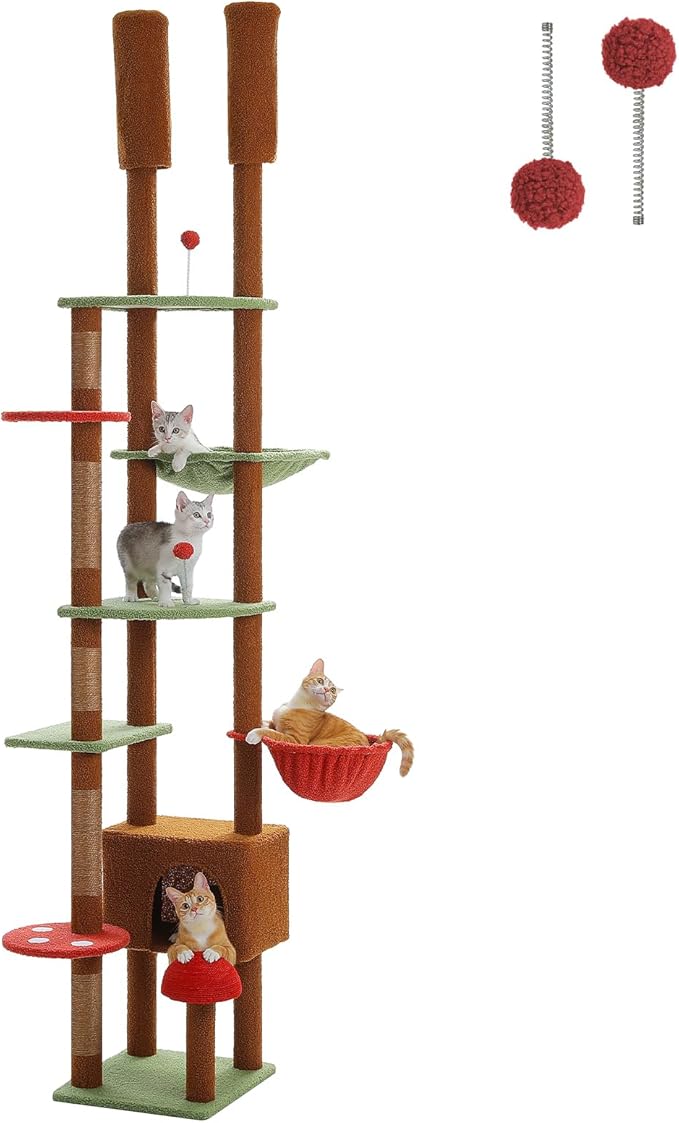 PEQULTI Mushroom Cat Tree Floor to Ceiling Cat Tower Adjustable Height (90.5''-100.4'' = 230cm-252cm) with Cat Condo, Cozy Hammock and Scratching Post, Tall Activity Tree for Indoor Cats, Brown-Mewly Pet