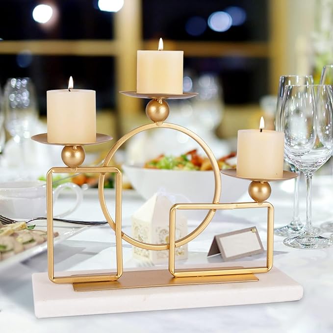 Gold Candle Holders for Pillar Candles with Marble Base 3 Arms Metal Candelabra Candle Holders Gold Home Decoration Elegant Candle Stand for Table Centerpieces,Fireplace,Anniversary