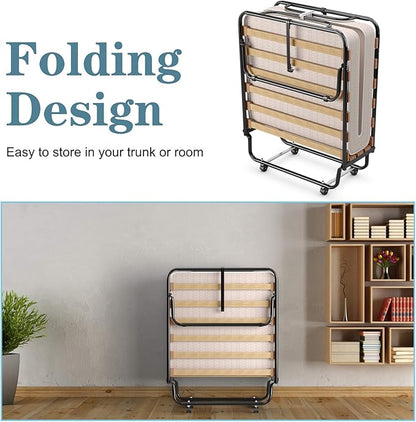 Giantex Folding Bed with Mattress, Rollaway Guest Bed w/ 4 Inch Memory Foam Mattress, Sturdy Metal Frame, Portable Bed Cot Size Easy to Store, Foldable Beds for Adults, Made in Italy