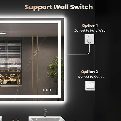 40"X32" LED Bathroom Mirror with Front Lights and Backlit, Anti-Fog, Dimmable, Shatter-Proof Tempered Glass, Lighted Bathroom Vanity Mirror for Wall with 3 Colors, Memory Function