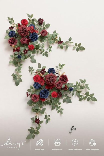 Ling's moment 2pcs Wedding Flowers Garland Artificial Floral Swag Arch Decorations Greenery Arrangements Burgundy & Navy Blue Ceremony Reception Garden Easel Wall Entryway Outdoor NOT Include Sign