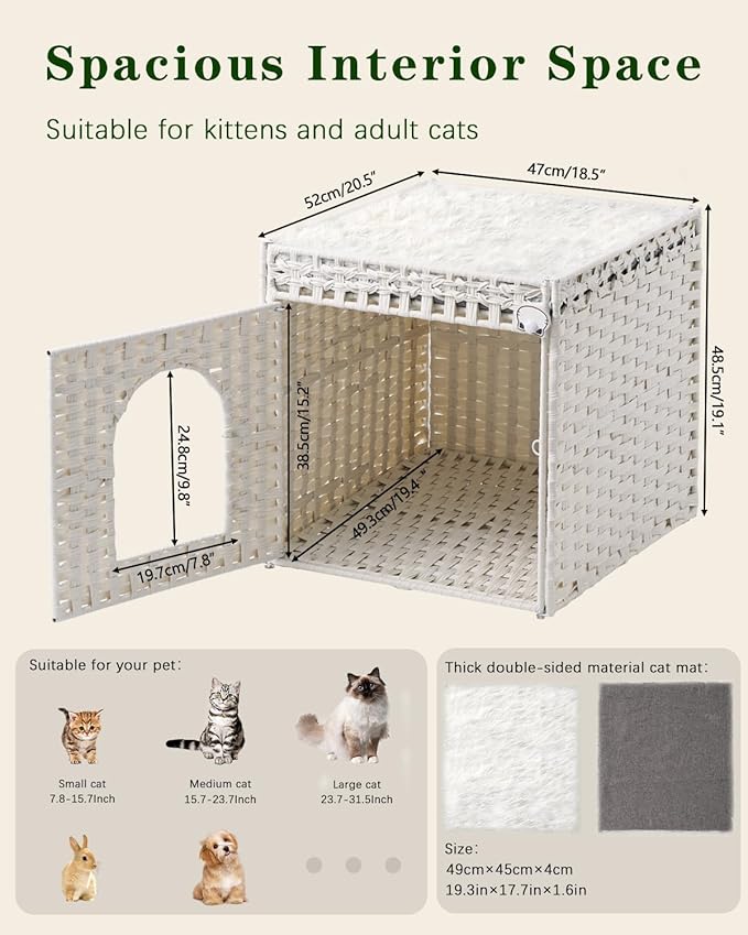 Cat Beds for Indoor Cats Extra Large Double Cat Cave Pet Cube, Handwoven Rattan Cat Houses with Double-Sided Soft Cushions, 18.5 x 20.5 x 19.1 Inches Foldable Hideaway in Living Room White-Mewly Pet