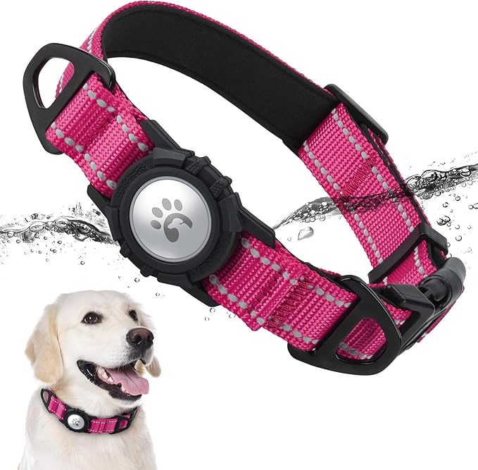 TagME Airtag Dog Collar,Waterproof Reflective Pet Collar with Airtag Holder,Soft Padded and Double D-Rings for Large Dogs,Hot Pink-Mewly Pet