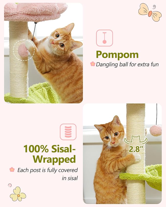 Flower Cat Tree, 28" Cat Tower with Cozy Flower Perch, Large Hammock for Indoor Small Cats, Cute Cat Tree with Sisal Scratching Post and Fur Toy Ball for Kittens, Pink-Mewly Pet