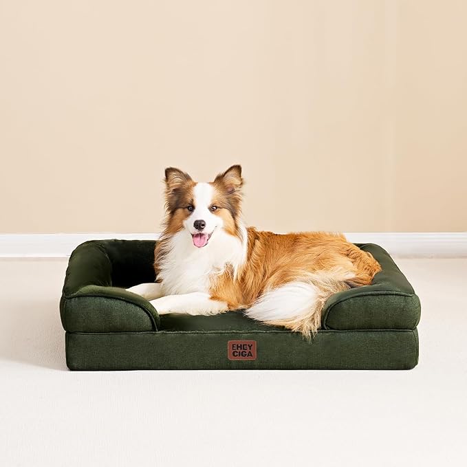 EHEYCIGA Orthopedic Dog Beds for Large Dogs, Waterproof Memory Foam Large Pet Bed with Sides, Non-Slip Bottom and Egg-Crate Foam Dog Couch Bed with Washable Removable Cover, Dark Green-Mewly Pet