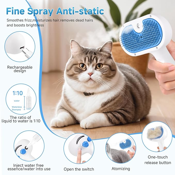 Pet Steam Brush for Dog & Cat - 3-in-1 Steam Grooming Brush for Shedding - Self Cleaning Spray Comb with Mist for Long Haired Pets - Includes Waterless Shampoo & undercoat rake, Blue-Mewly Pet