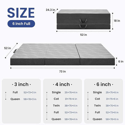 Foldable Mattress Full 6 inch -Portable Grey Memory Foam Folding Matress with Washable Cover for Camping Travel Guest Room Home Use-Non-Slip&Easy Storage