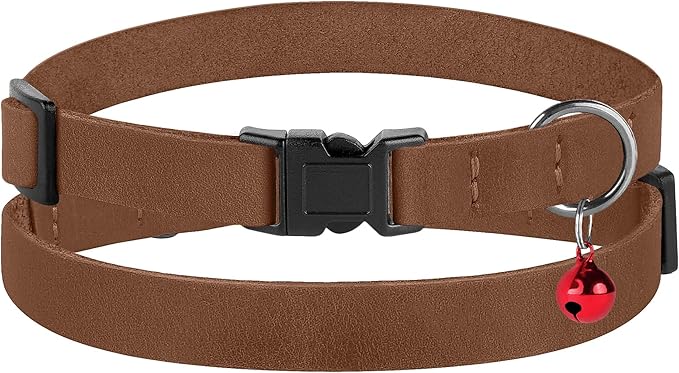 Breakaway Cat Collar Leather with Removable Bell - 13 Colors Available - Soft Adjustable Girl Boy Safety Lightweight Pet Kitten Collars Pink Brown Blue Green Red Orange Black (Cognac)-Mewly Pet