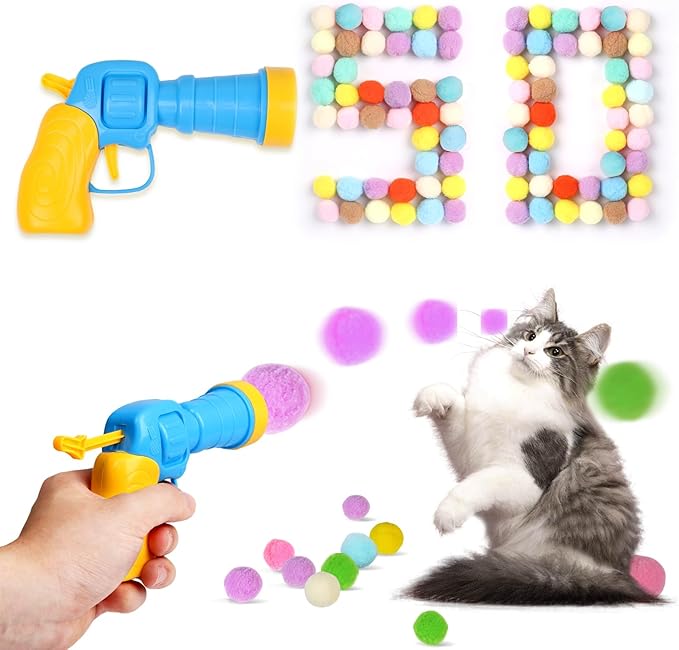 50Pcs Cat Toys Pom Pom Balls with 1 Launcher Set, Interactive Cat Toy Stuff for Indoor Both Adult & Kitten Toys-Mewly Pet