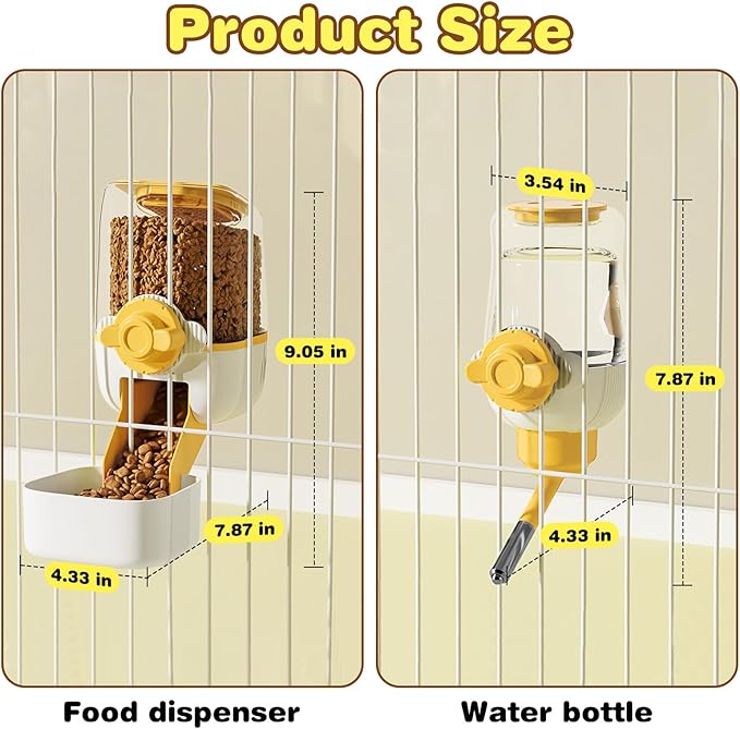 kathson Automatic Rabbit Feeder and Waterer Set, Gravity Pet Food Water Dispenser Bunny Pellet Feeder Small Animal Feeding & Watering Supplies for Guinea Pig Ferret Crate Accessories (Yellow)-Mewly Pet