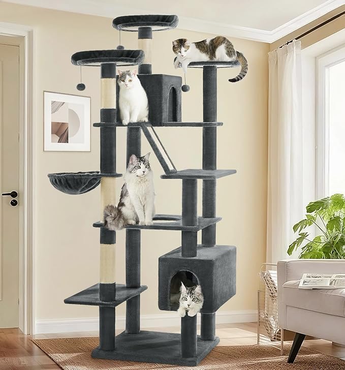 Made4Pets Tall Cat Tree, 80" Cat Tree Tower for Indoor Cats Large Adult, Modern Cat Tower with Scratching Post, Cozy Hammock, 3 Perches and 2 Condos, Sturdy and Fluffy, Dark Gray-Mewly Pet