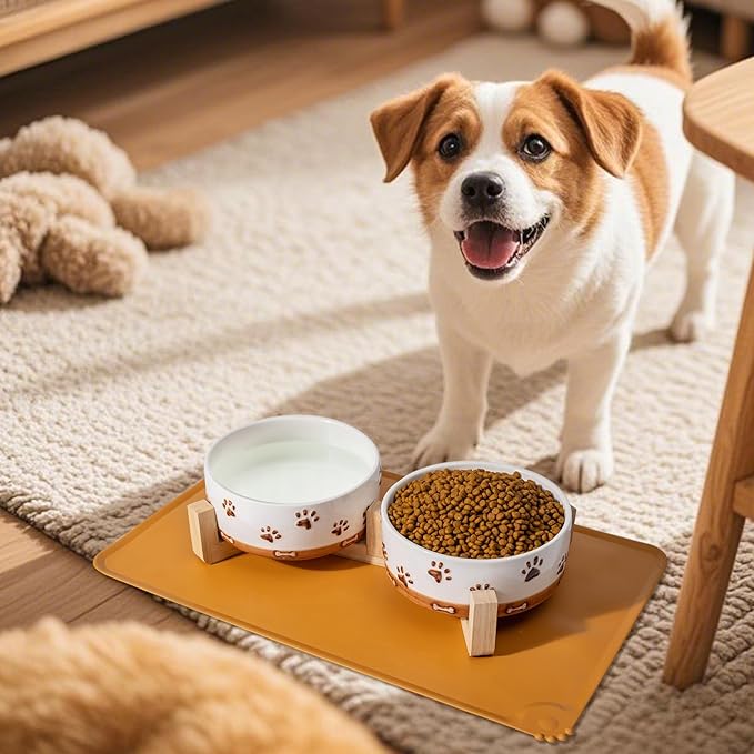Ceramic Dog Bowls for Small and Medium Dogs, 32 OZ Dog Food and Water Bowl Set with Wooden Stand and Non-Slip Silicone Food Mat, Weighted Embossed Cute Puppy Bowls Feeding Dishes Set of 2-Mewly Pet