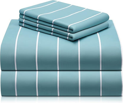 LuxClub 4 PC Full Size Sheet Set Bed Sheets, Breathable Luxury Deep Pockets Wrinkle Free Cooling Sheets Machine Washable Hotel Bedding (Full, Striped Light Blue)