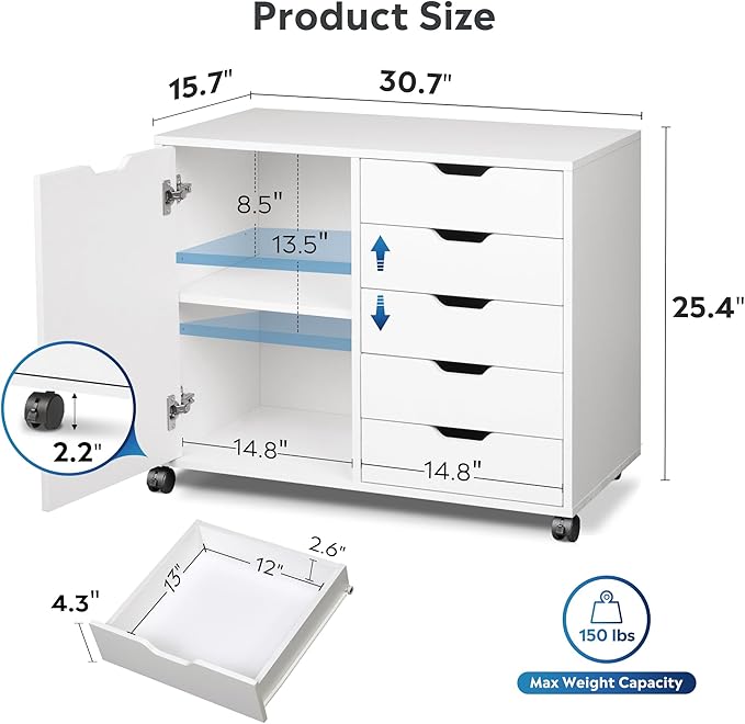 DEVAISE 5-Drawer Wood Dresser Chest with Door, Mobile Storage Cabinet, Printer Stand for Home Office