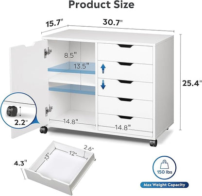 DEVAISE 5-Drawer Wood Dresser Chest with Door, Mobile Storage Cabinet, Printer Stand for Home Office