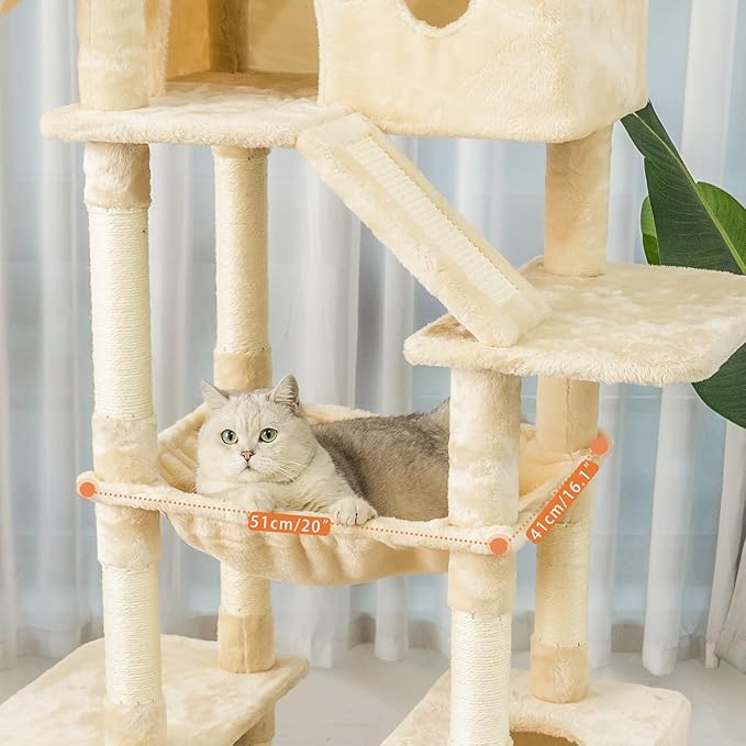 73 inches Large Cat Tree for Indoor Cats, Tall Cat Tower with Sisal Scratching Posts and Pads, Padded Plush Perch, Cozy Basket, Plush Condo for Large Cats (Beige)-Mewly Pet