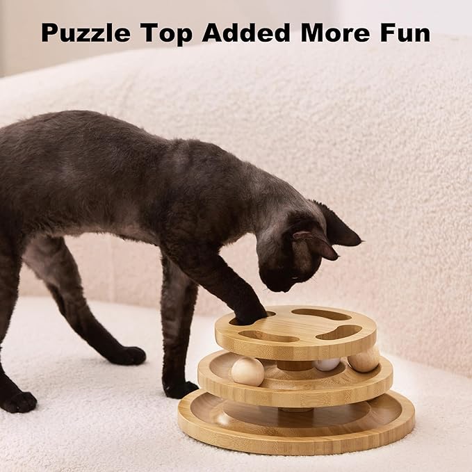 Cat Ball Track Toy with Puzzle Top, Wooden Cat Toys for Indoor Cats with Spinning Balls, Interactive Large Cat Ball Tower for Kitten Exercise Mental Physical-Mewly Pet