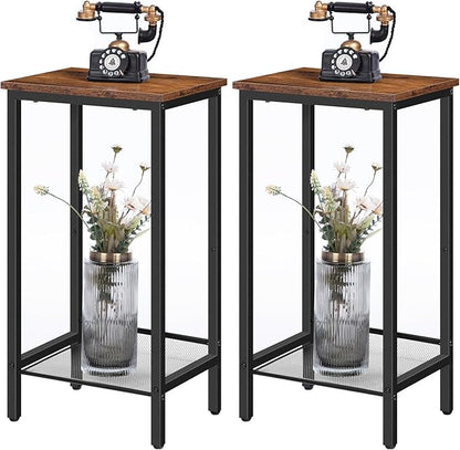HOOBRO Tall Side Tables Set of 2, Industrial End Telephone Table with Adjustable Mesh Shelves, for Living Room, Bedroom, Entryway, Office, Rustic Brown and Black BF03DHP201