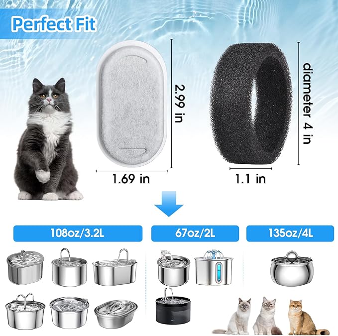 40 Pack Cat Water Fountain Filters-Cat Fountain Replacement Filters for Stainless Steel 108/3.2L& 67oz/2L Adjustable Water Flow Pet Water Fountain(20 Pack Pet Water Filter Refills+20 Pack Sponges)-Mewly Pet