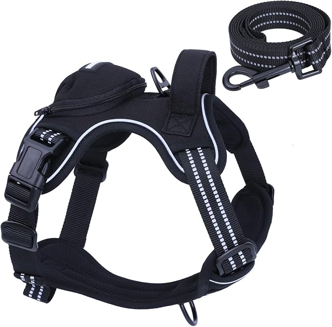 No Pull Dog Harness for Medium Dogs, Adjustable No Choke Pet Vest with Dog Leash Fit Smart Reflective Pet Walking Harness for Training Easy Control Soft Handle Black L-Mewly Pet