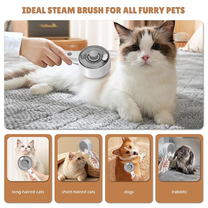 Cat Steam Brush,Cat Brushes for Indoor Cats, 4 In 1Spritz Spray Defur Comb, Cloud Care Shedding Control, Pet Grooming Brush for Long Short Hair Cats Dogs, Massage Clean Design Pet Steam Brushes-Mewly Pet