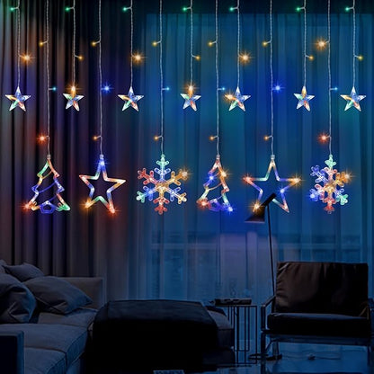 Christmas Window Lights Decorations, 138 LED Curtain Lights with 8 Lighting Modes, Xmas Tree Snowflake Star String Lights for Weddings, Parties, Room Decor(Multi-Colored)
