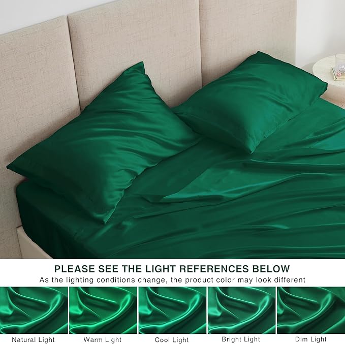 Love's cabin Satin King Sheet Sets - 4 Piece Dark Green Silky Sheets King Size Bed with Deep Pocket, Luxury Silk Feel King Size Satin Sheet Set (1 Flat Sheet,1 Fitted Sheet,2 Pillow Cases)