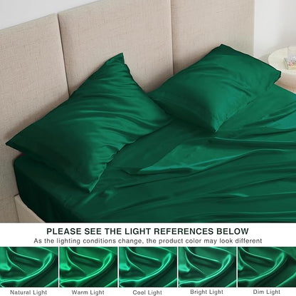 Love's cabin Twin Satin Sheet Set - 3 Piece Dark Green Silky Bed Sheets with Deep Pockets, Luxury Silk Feel Satin Twin Size Sheet Set Bedding Set (1 Flat Sheet,1 Fitted Sheet,1 Pillow case)